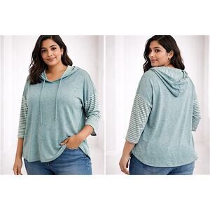 Chris & Carol Hooded Knit Top Teal Stripe Sleeve Made in USA - 1X & 2X - New